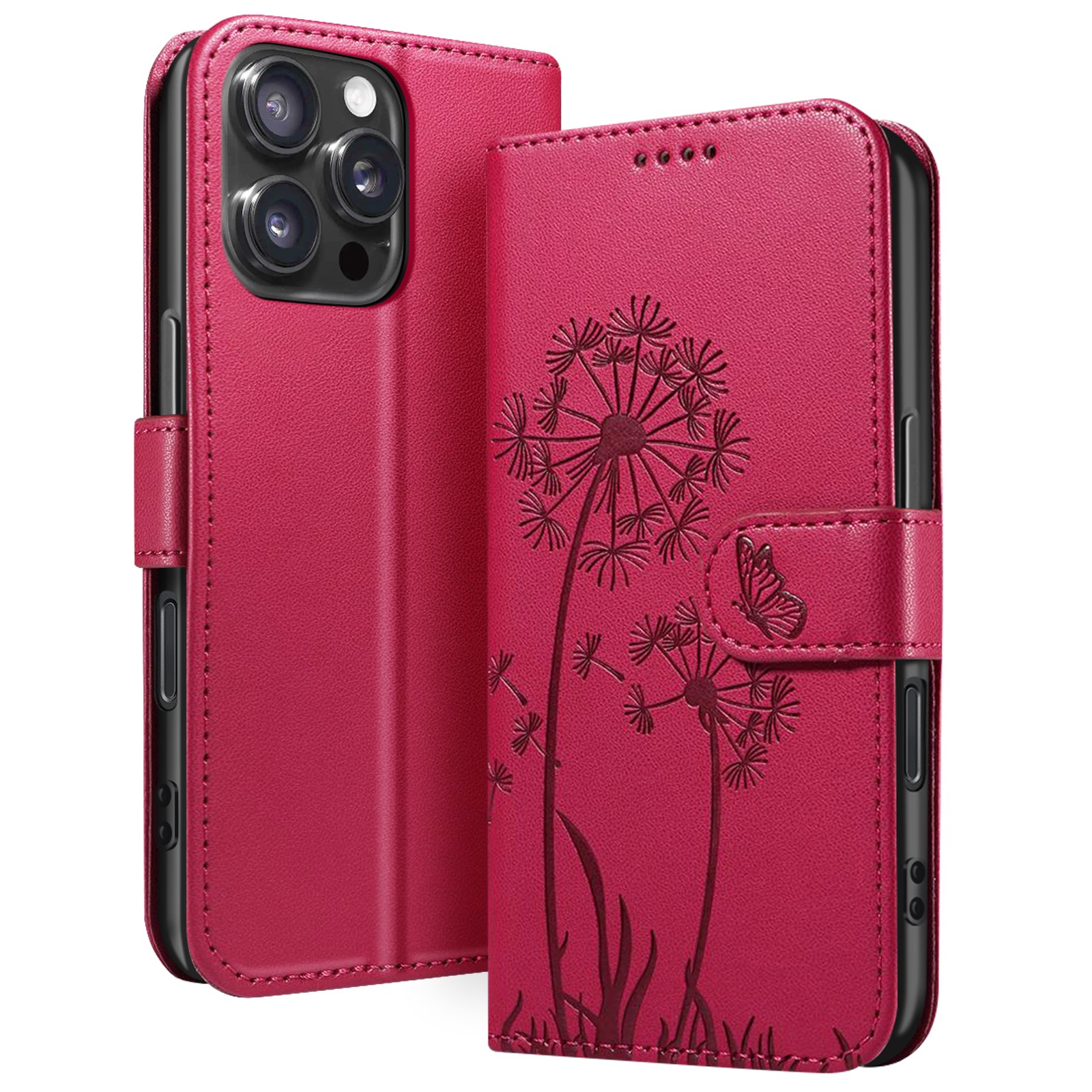 Coque portefeuille iPhone 16 Pro Max rouge Zanaé en simili cuir à motif fleurs