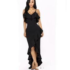 Fashion Nova Inevitable Ruffle Front Slit Maxi Dress Black Spaghetti Strap M