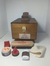 Vintage Oak Shoe Shine Box Kiwi Polish Brushes Accessories Wood Valet Kit Lot