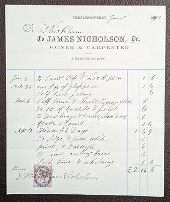 1890 James Nicholson Joiner Temple Sowerby June Invoice