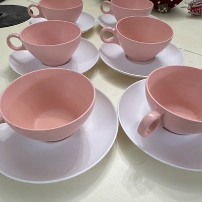 Melamine/Melmac 6 Pink Cups White Saucers 8 MCM Retro Atomic Kitchen Decor