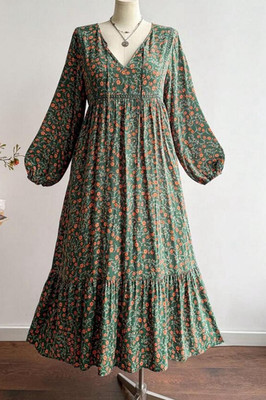 Maxikleid Damen XL Grün Blumenmuster V-Ausschnitt Langarm