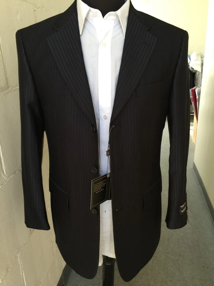 Traje de hombre de 3 botones tono sobre tono a rayas chaqueta y pantalones de lana negro 38R ~ 56L Foto 2 de 3