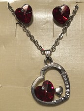 Heart Pendant Red Crystal Stud Earrings  Silver Necklace Gift Set - New