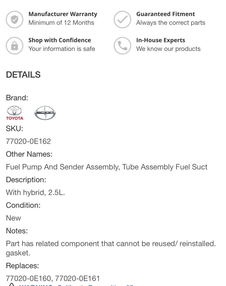 2020-2024 Toyota Highlander Fuel Pump  Assembly,OEM New , Part#77020-0E160 - Image 2 of 4