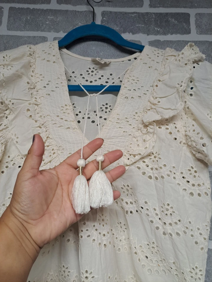 Artalier Nicolle Miller Ivory Eyelet Double Ruffle Sleeve Tassel Womens Blouse S - Image 2 of 4