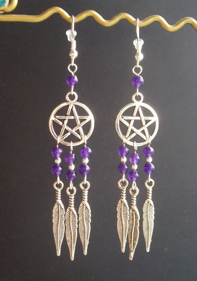 Amethyst Bead Pentagram Dreamcatcher Dangly Feather Charm Earrings - Wicca - Image 3 of 3