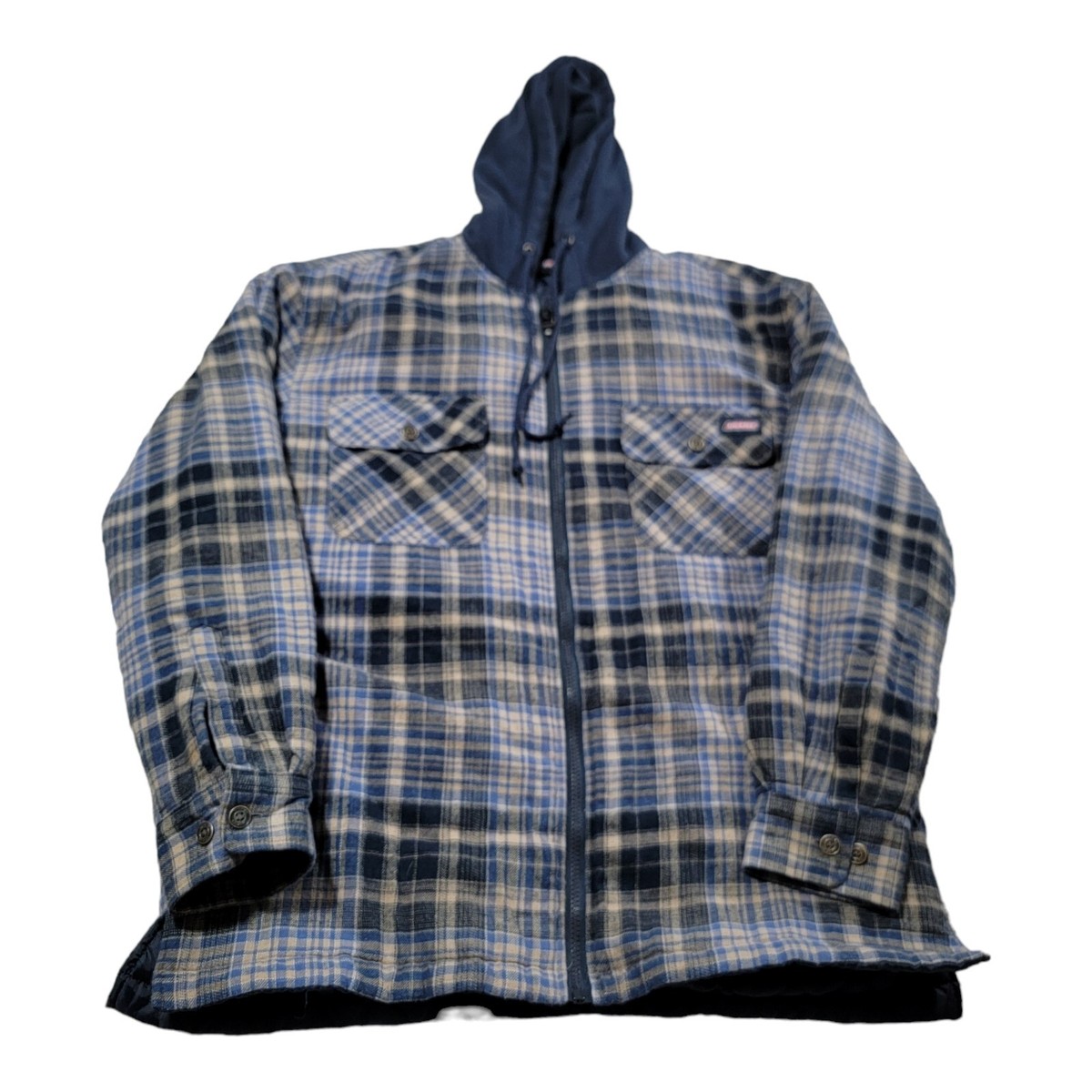 Dickies Zip Up Hooded Flannel Quilted Adult Size Medium Blue Plaid