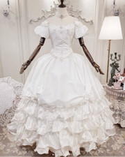 Luxury White Ivory Satin Wedding Dresses Off the Shoulder Tiered Lace Appliques