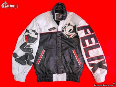 🔥Very Rare FELIX THE CAT White Black Leather Cartoon Bomber