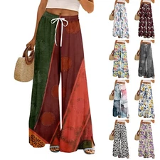Women's Beach Boho Pants Lounge Wide Leg Loose Pull On Casual Palazzo Trousers