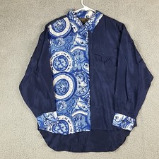Vintage 80s 100 Silk Preppy Circle Art Size M Button Up Collar Shirt Top Blouse
