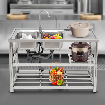 Free Standing Commercial Kitchen Sink Stainless Steel Dual Bowl For Restaurant~
