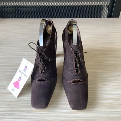 Ramon Tenza Brown Suede High Rise Pumps Cut Out Shoes Size