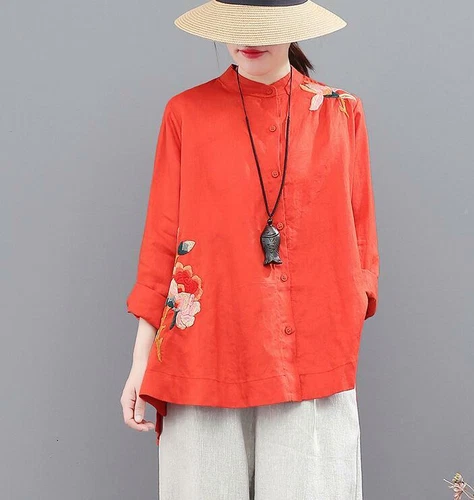 Retro Chinese Style Women's Cotton Blouse New Embroidery Loose Tops Shirts - Picture 3 of 15