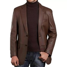 Men's Genuine Soft Lambskin Leather Blazer Regular Fit Jacket Two Button Brown