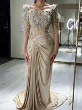 Elegant Beaded Evening Dress Long Sleeves 3DFloral Appliques Ruched Formal Dress