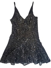 Topshop Sequin Cocktail Dress Womens 4 Black Mini Spaghetti Strap Party Flare