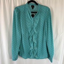 New Worthington Blouse Women's XL Blue Printed Button Up Ruffle Trim Long Sleeve