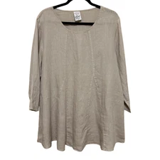 Match Point 100% Linen Tunic Top Womens Large Tan Brown Lagenlook Coastal Beachy