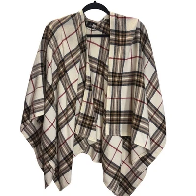 V. Fraas Plaid Ruana Poncho Wrap Shawl Ivory Tan Burgundy One Size - Image 1 of 4