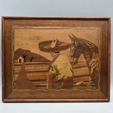 Vintage Mexican Man & Horse Inlay Marquetry 9"x 7" Wood Framed Art Signed