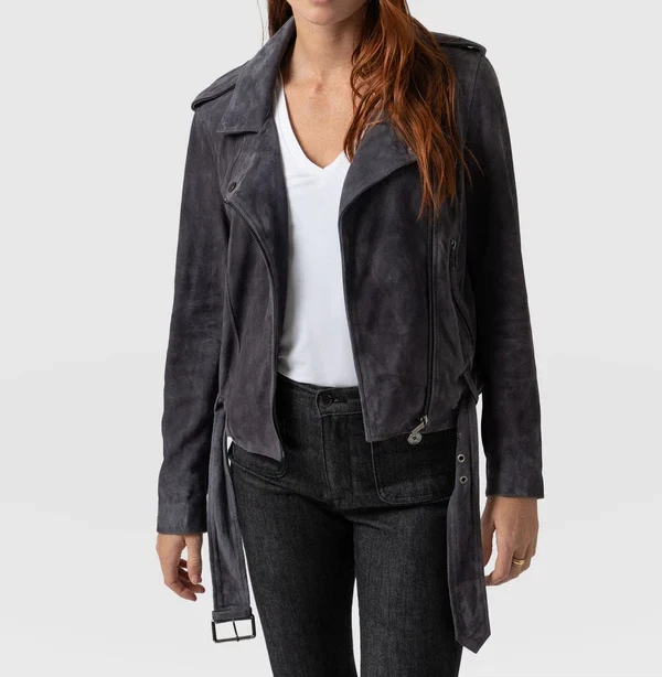 Womens Suede Leather Jacket Dark Gray Biker Motorcycle Size S M L XL XXL 3XL - Image 3 of 4