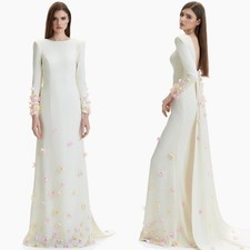 Jersey Flower Ruched A-line O-Neck Long Dresses Celebrity Dresses High Quality