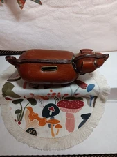 VINTAGE MID CENTURY MODERN LEATHER DACHSHUND DOG BANK MISSING A PART TO...