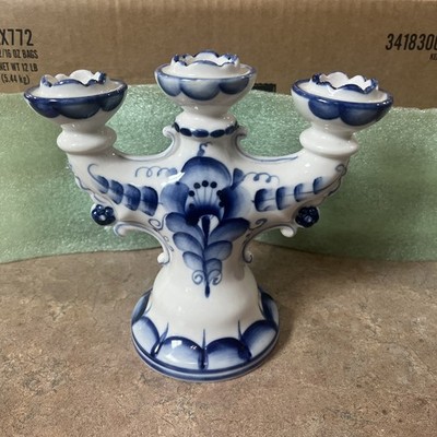 Vintage Russian Blue & White Painted Porcelain Gzhel Grade 1 Candle Holder #21