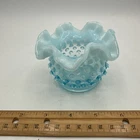 Fenton Blue Opalescent Hobnail Vase Rose Bowl 4” Ruffled Edge Vintage