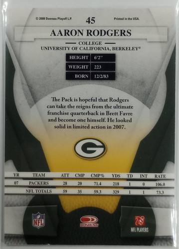 2008 Leaf Certified Materials Aaron Rodgers #45 - Picture 2 of 3