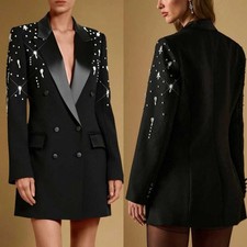 Luxurious Women Beaded Suit Crystals Jacket Smooth Satin Lapel Wedding Formal