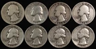 Lot of Eight (8) Key & Semi Key Date. Washington PDS Silver Quarters. 1932-1949