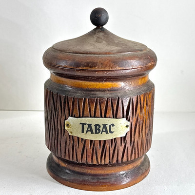 Antike Tabac Holz Tabak Dose Dose mit Deckel & Etikett geschnitzt
