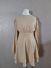 PrettyLittleThing Women's Beige Puff Longsleeve Winter Evening Dress Size 8