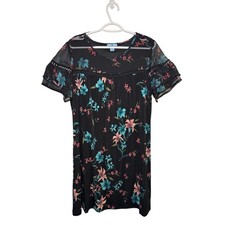 CeCe Womens Floral Shift Dress Black Teal Pink Sheer Mesh Lace Trim Large