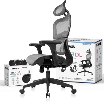 Ergo3Dl Ergonomic High-Back Office Chair with Adjustable Support & Wheels, Gray
