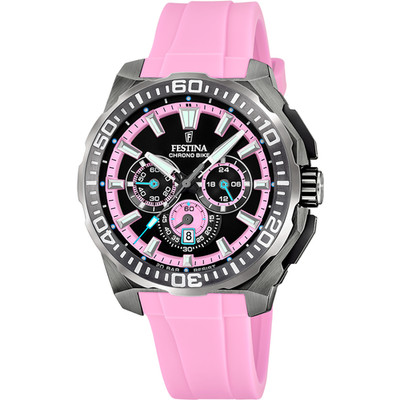 Festina Chrono Bike F207252 Men Pink Rubber Strap Analog Black Dial Watch 45.5mm
