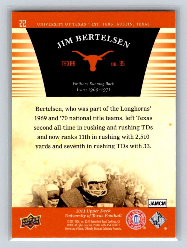 2011 Upper Deck University of Texas #22 Jim Bertelsen Texas Longhorns - Image 2 of 2