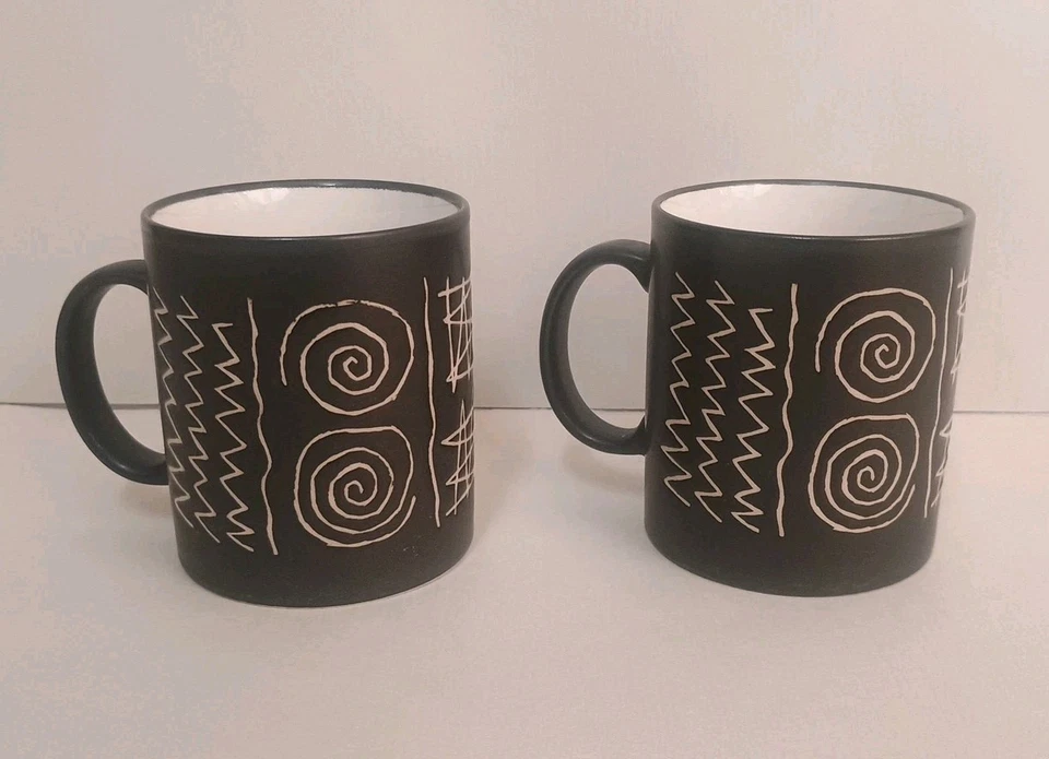 Rare Paire De Mugs Scraffito By Habitat Céramique Japan , Vaisselle Vintage 80's - Photo 2/4