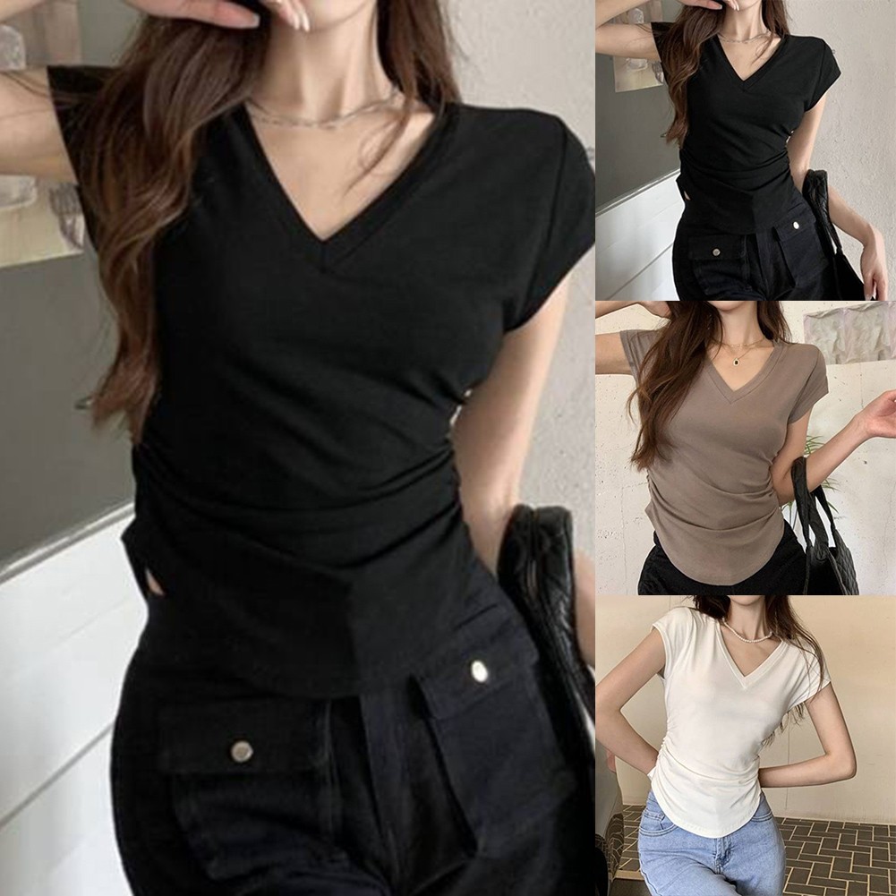 Women Summer Basic Style Solid Color V Neck Short Sleeve TShirts Casual