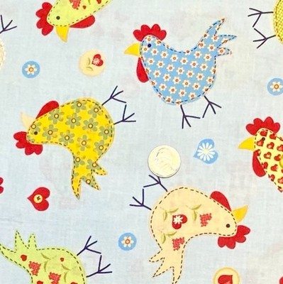 Patterned Chickens Roosters on Blue Novelty Fabric, BTHY, Country Print