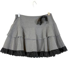 Vintage 90s Y2K Gray Tiered Mini Skirt w Black Lace Spring Street Sz 7 Coquette