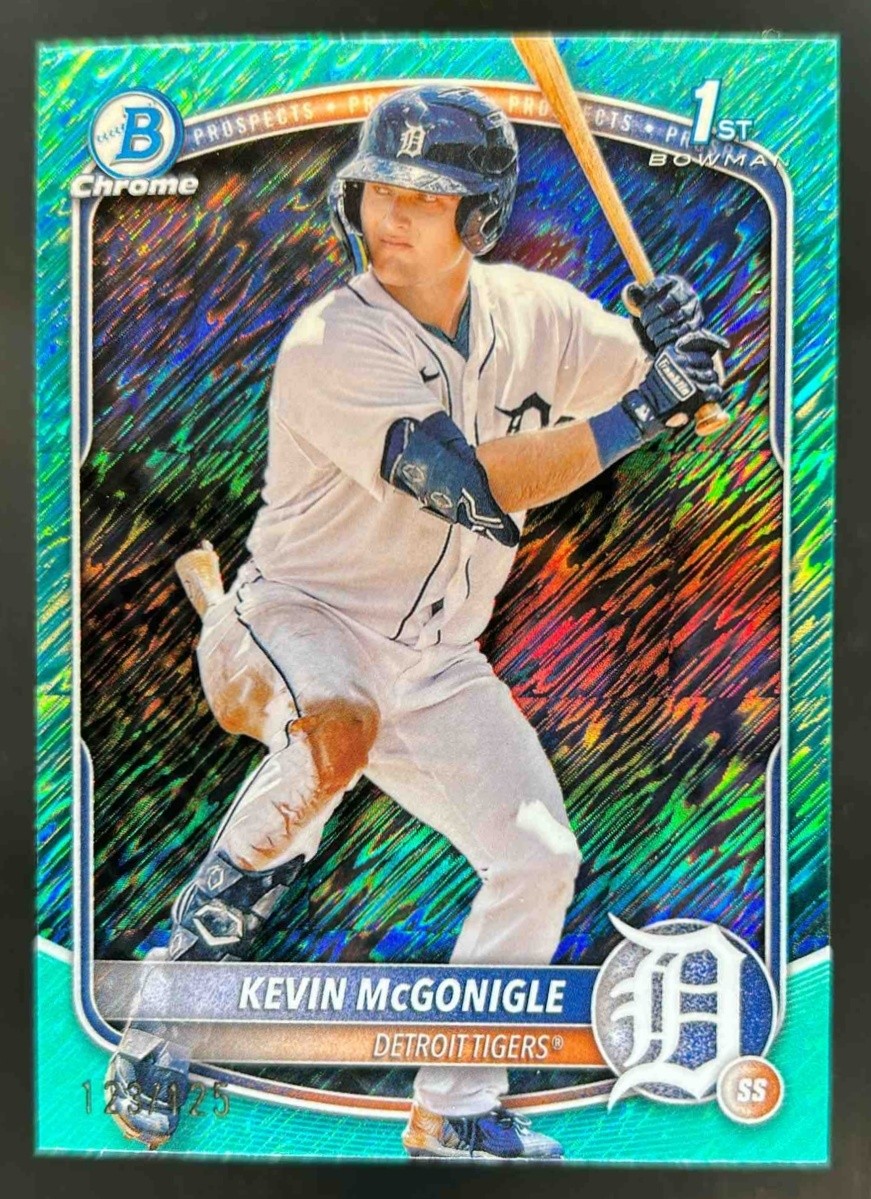 2025 Bowman Kevin McGonigle Chrome Aqua Shimmer 1st Prospect #123/125 Tigers