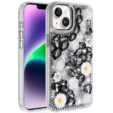 For iPhone 13/14 Case Full 3D Bling Rhinestone Jewel Cover Tempered Glass