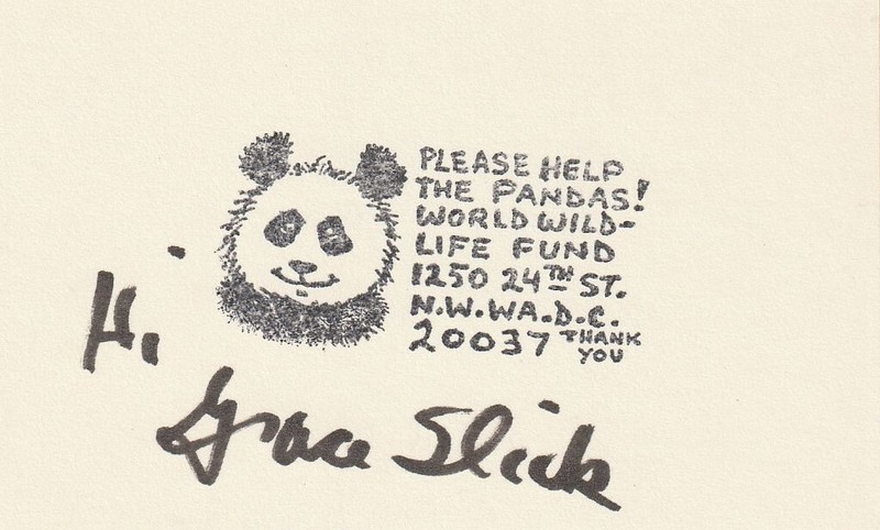 GRACE SLICK autographed 3x5 CARD Wildlife Fund(WWF) Jefferson Airplane  UACC COA