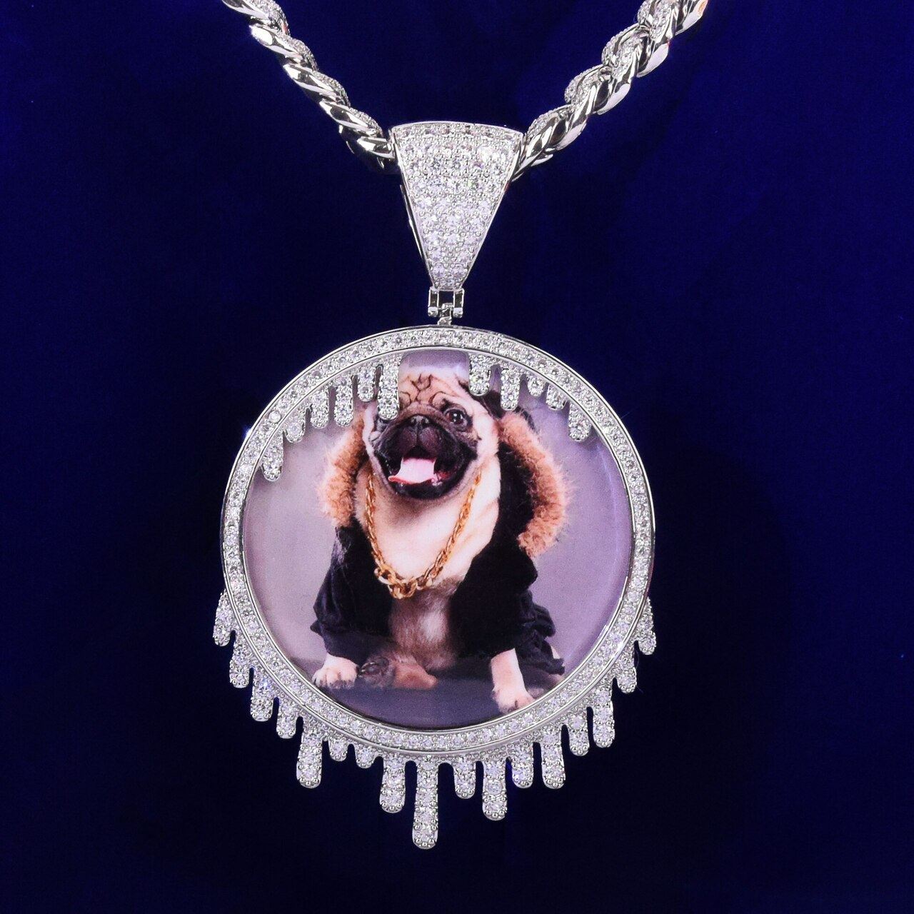 Solid Back Drip Drop Custom Made Photo 18k Gold Picture Pendant Chain