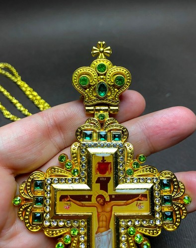 Greek Russian Orthodox Priest Pectoral Cross Pendant Gold Plated Green Stones - Picture 5 of 21