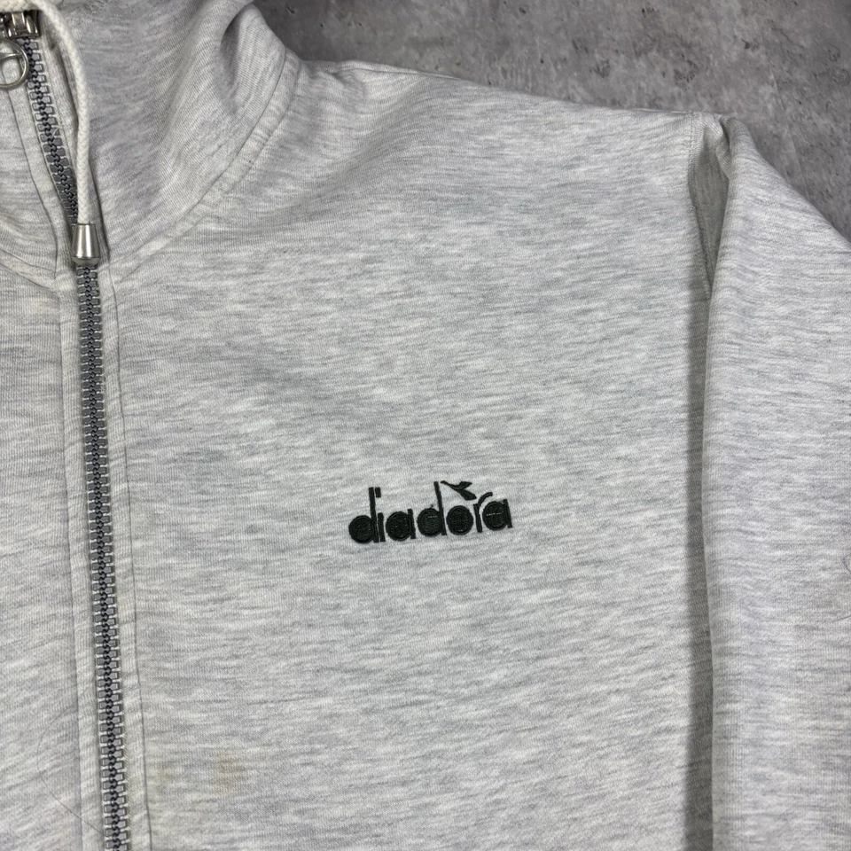 Moletom com capuz masculino vintage anos 90 Diadora zíper completo em branco tamanho XL peso pesado  - Imagem 3 de 4